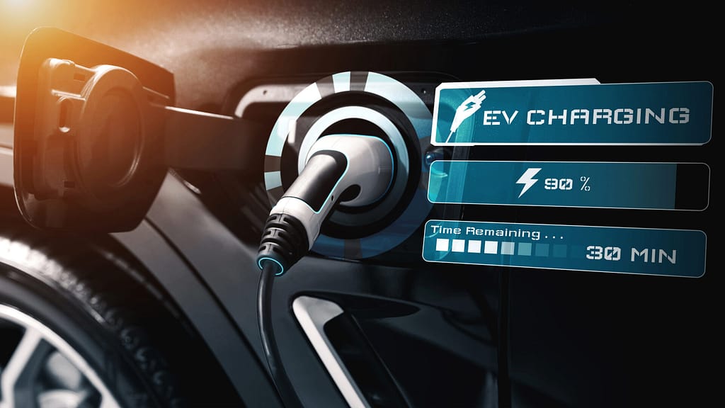 electric vehicle showing battery level and charging status