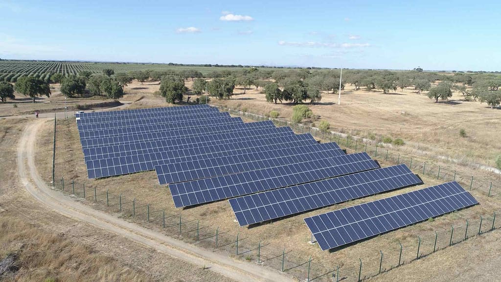 big solar panels ground mounted at the field