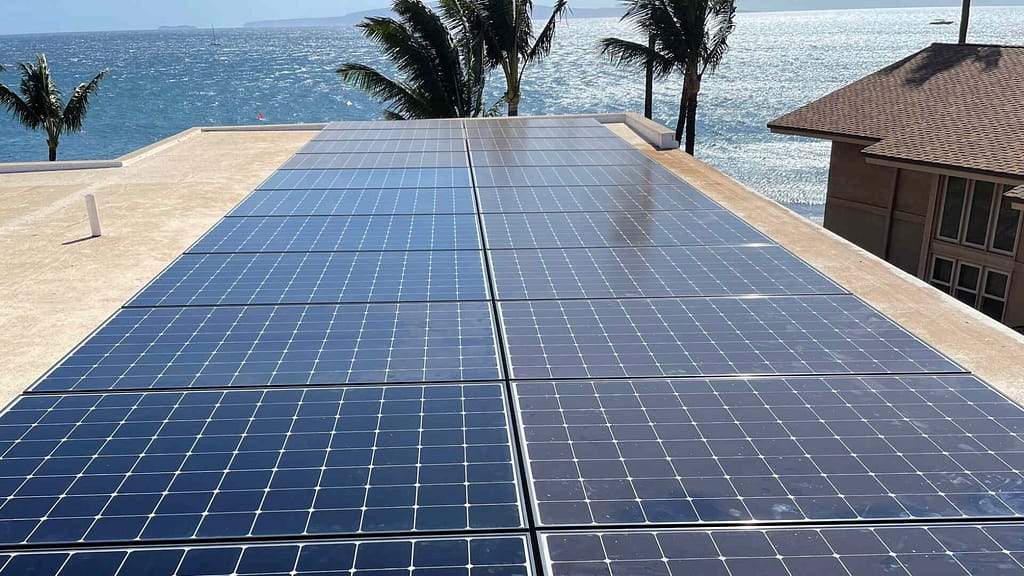 solar panels on a rooftop near the shore