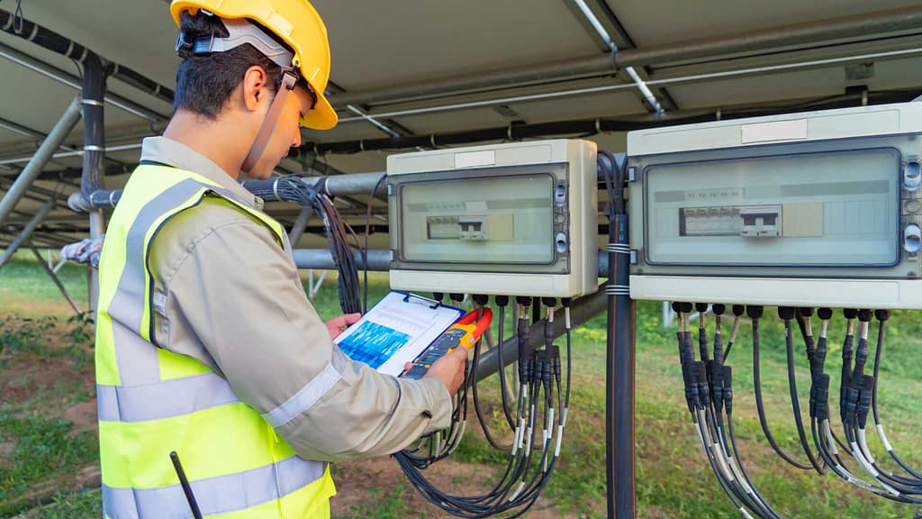 person calculation solar power under the solar panels