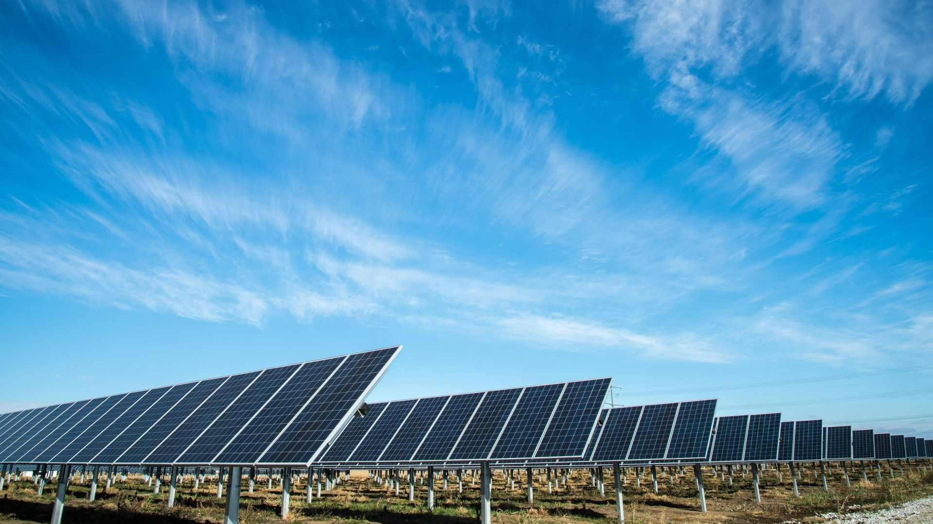 solar panels ground mounted over blue sky